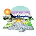A mountain range with a chemistry periodic table design forming the peaks and a motorcycle riding towards the sun tattoo design idea