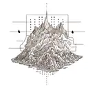 A mountain range with a chemistry periodic table design forming the peaks and a motorcycle riding towards the sun tattoo design idea