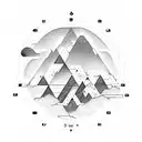 A mountain range with a chemistry periodic table design forming the peaks and a motorcycle riding towards the sun tattoo design idea