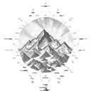 A mountain range with a chemistry periodic table design forming the peaks and a motorcycle riding towards the sun tattoo design idea