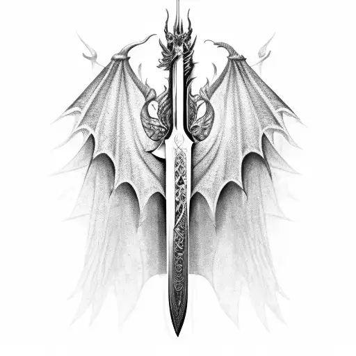dragon flaring wings wrapped around a sword tattoo design idea