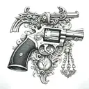 A revolver with the scales of justice balancing on the barrel tattoo design idea