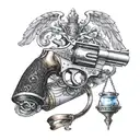A revolver with the scales of justice balancing on the barrel tattoo design idea