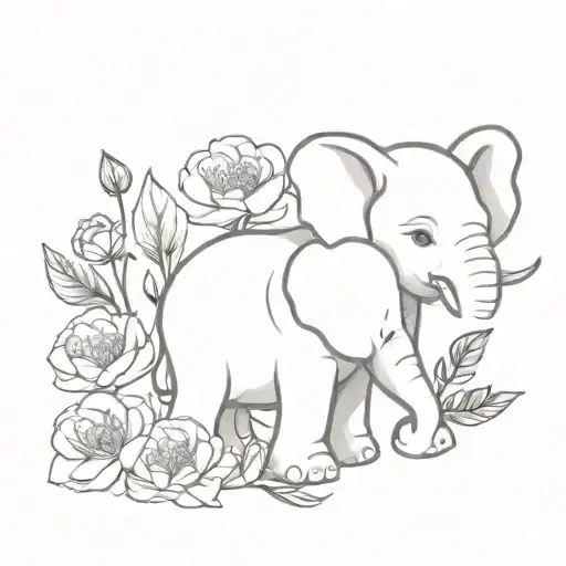 Create a small, cute tattoo design of a baby elephant and a baby hippopotamus holding peonies  tattoo design idea