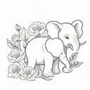 Create a small, cute tattoo design of a baby elephant and a baby hippopotamus holding peonies  tattoo design idea