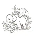 Create a small, cute tattoo design of a baby elephant and a baby hippopotamus holding peonies  tattoo design idea