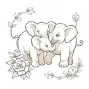 Create a small, cute tattoo design of a baby elephant and a baby hippopotamus holding peonies  tattoo design idea