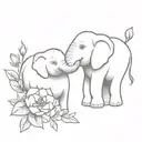 Create a small, cute tattoo design of a baby elephant and a baby hippopotamus holding peonies  tattoo design idea