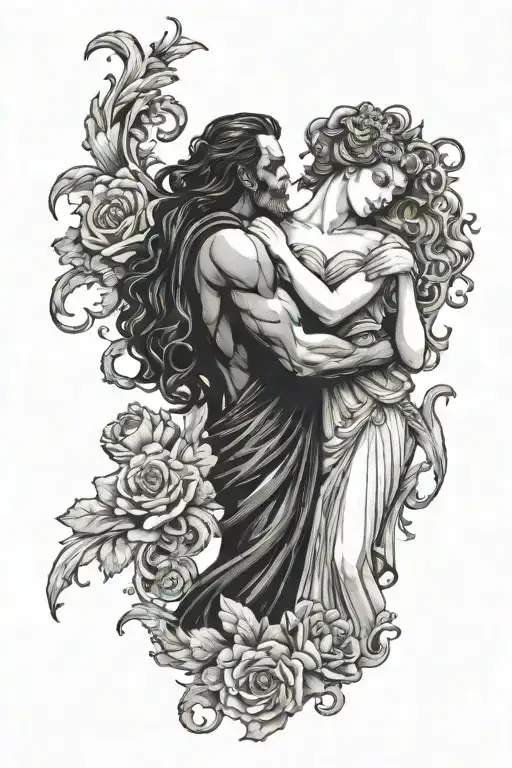 hades choking persephone posing together tattoo design idea