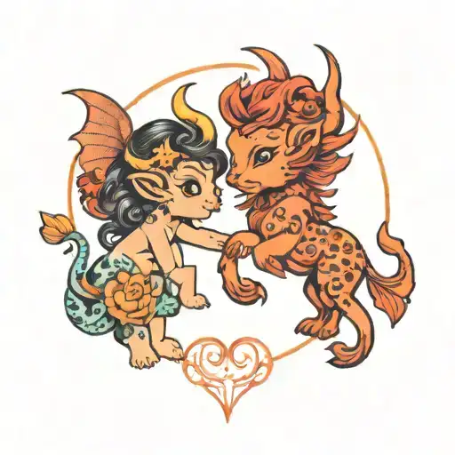 Aquarius Leo and Sagittarius Zodiac Signs Children Devil Love Two tattoo design idea