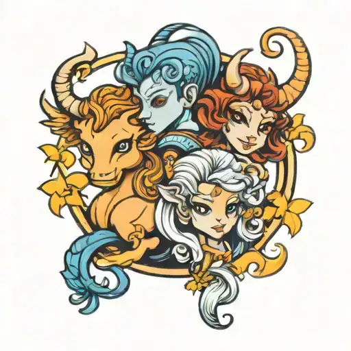 Aquarius leo and sagittarius zodiac signs children devil love two tattoo design idea