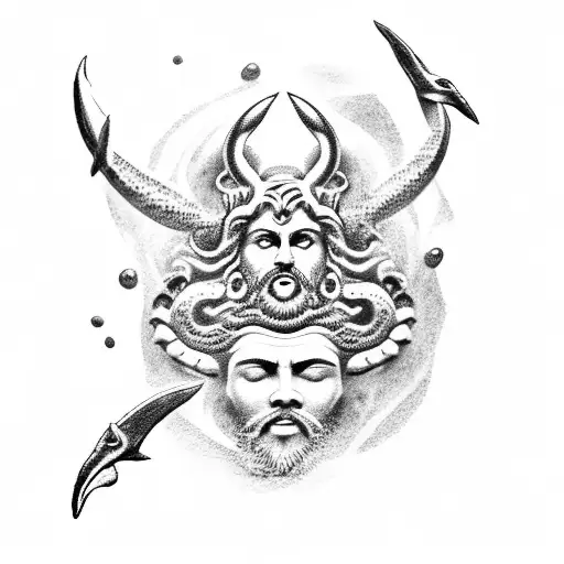 A dotwork tattoo of Poseidon, the Greek god of the sea, holding a trident and surrounded by hammerhead sharks, symbolizing your love for Greek mythology and the ocean. tattoo design idea