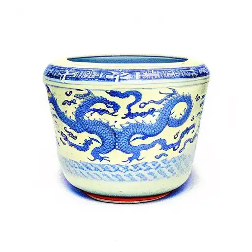 A CHINESE BLUE AND WHITE POTTERY VASE WITH KINTSUGI CRACKS OVER THE VASE A DRAGON WRAPPING AROUND THE OUTSIDE OF THE VAS tattoo design idea