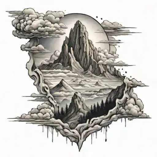 Sky, mountain and a person crying tattoo design idea