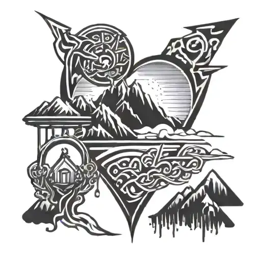 sky, mountain, thunder and broken heart shaped lock tattoo design idea