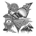 sky, mountain, thunder and broken heart shaped lock tattoo design idea