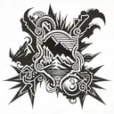 sky, mountain, thunder and broken heart shaped lock tattoo design idea