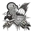 sky, mountain, thunder and broken heart shaped lock tattoo design idea