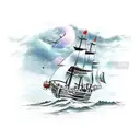 pirate ship in the sea under storms and under the sea marine animals tattoo design idea