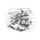 pirate ship in the sea under storms and under the sea marine animals tattoo design idea