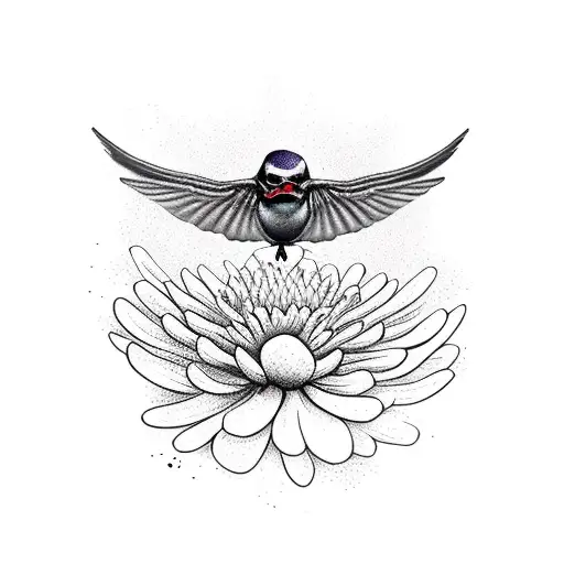 flying sparrow and chrysanthemum tattoo design idea