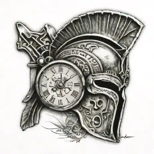 spartan helmet and broken watch and roman empire word tattoo design idea