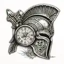 spartan helmet and broken watch and roman empire word tattoo design idea