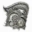 spartan helmet and broken watch and roman empire word tattoo design idea
