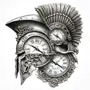 spartan helmet and broken watch and roman empire word tattoo design idea