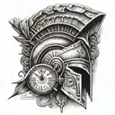 spartan helmet and broken watch and roman empire word tattoo design idea