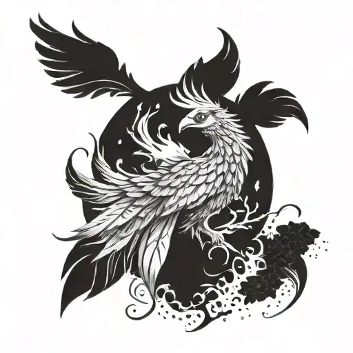 A mystical phoenix rising from the ashes surrounded by elements of nature tattoo design idea