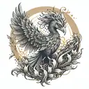 A mystical phoenix rising from the ashes surrounded by elements of nature tattoo design idea