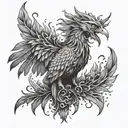 A mystical phoenix rising from the ashes surrounded by elements of nature tattoo design idea