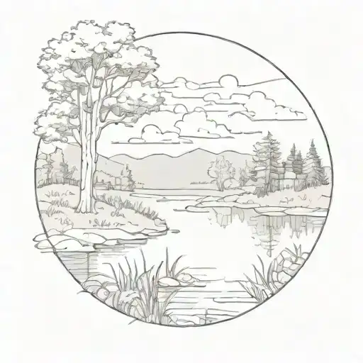 A sketch of a picturesque lake with a hidden Taylor Swift song title incorporated into the landscape tattoo design idea