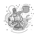 A bodybuilder flexing their muscles under a night sky filled with stars and a coffee cup in hand tattoo design idea