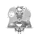 A bodybuilder flexing their muscles under a night sky filled with stars and a coffee cup in hand tattoo design idea