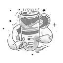 A bodybuilder flexing their muscles under a night sky filled with stars and a coffee cup in hand tattoo design idea