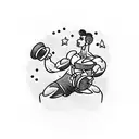 A bodybuilder flexing their muscles under a night sky filled with stars and a coffee cup in hand tattoo design idea