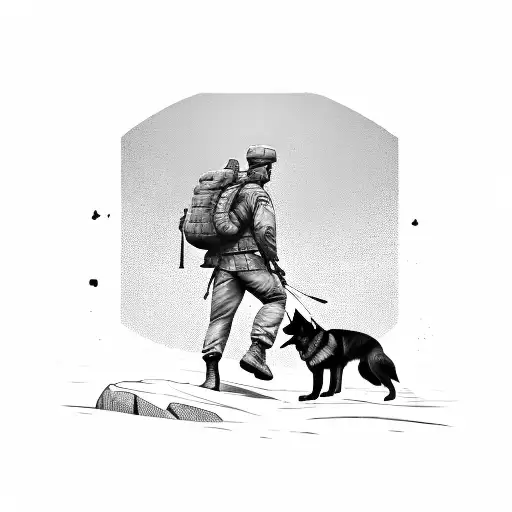 A silhouette of a soldier hiking with a German Shepherd by his side tattoo design idea