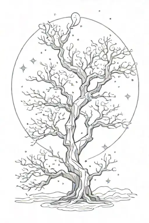 astro constellation intertwined tree branches tattoo design idea