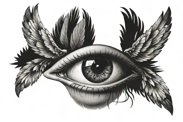 a realistic eye with two wings on the sides of the eye with the words momento mori above the eye tattoo design idea