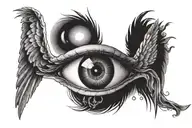 a realistic eye with two wings on the sides of the eye with the words momento mori above the eye tattoo design idea