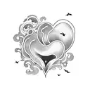 wave inside heart and small birds flying outside heart tattoo design idea