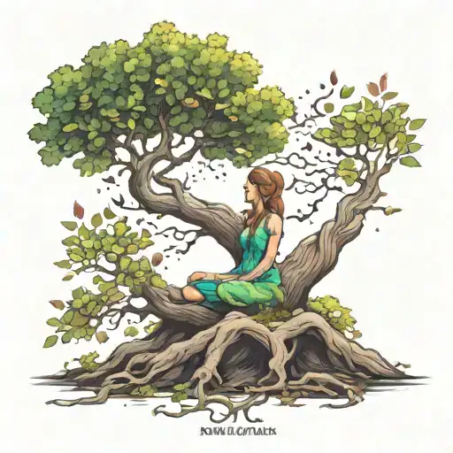 feminine shaped tree in a meditation stance where her hair is the leaves falling tattoo design idea