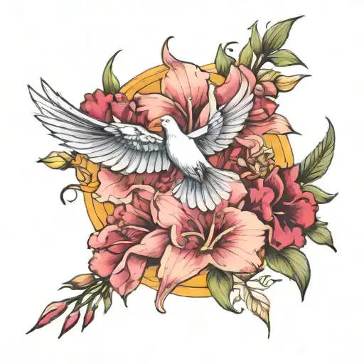 gladiolus cosmos and 3 doves flying tattoo design idea