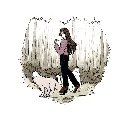 Woman holding baby walking in a forest with wolfs howling tattoo design idea