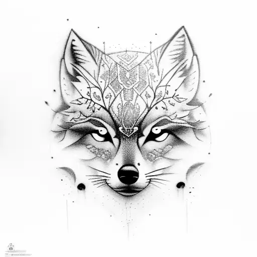 Woman holding a baby while walking in a forest with wolfs howling tattoo design idea