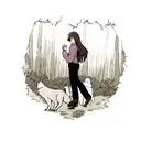 Woman holding baby walking in a forest with wolfs howling tattoo design idea