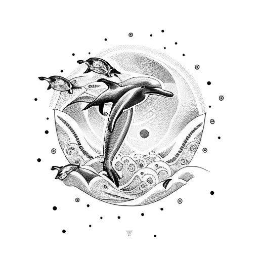  beach scene with a dolphin, Hawaiian flowers, and the Hindu goddess Kali in the sky tattoo design idea