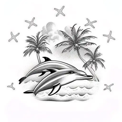  beach scene with a dolphin, Hawaiian flowers, and the Hindu goddess Kali in the sky tattoo design idea